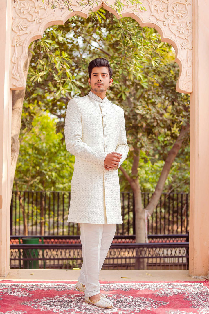 Off white Lucknowi Silk Indo-western Suit