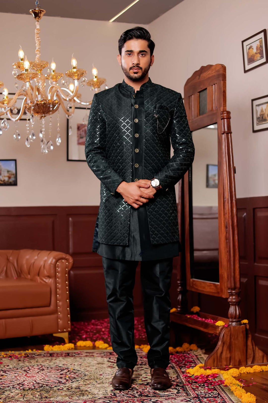 Bottle Green Silk Embroidered Jacket Style Indo-wester Suit.