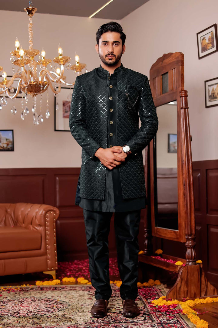 Bottle Green Silk Embroidered Jacket Style Indo-wester Suit.