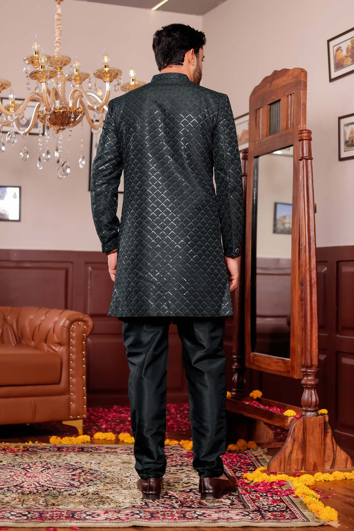 Bottle Green Silk Embroidered Jacket Style Indo-wester Suit.