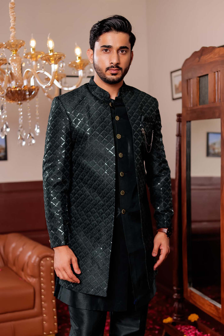 Bottle Green Silk Embroidered Jacket Style Indo-wester Suit.