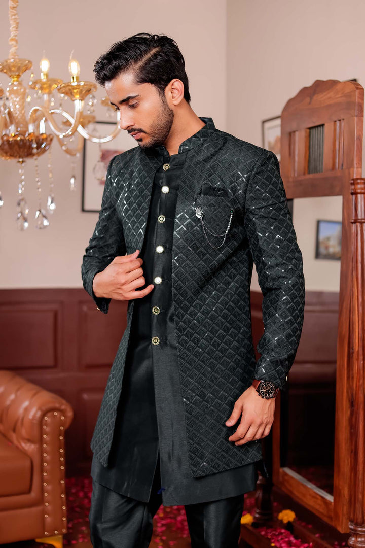 Bottle Green Silk Embroidered Jacket Style Indo-wester Suit.