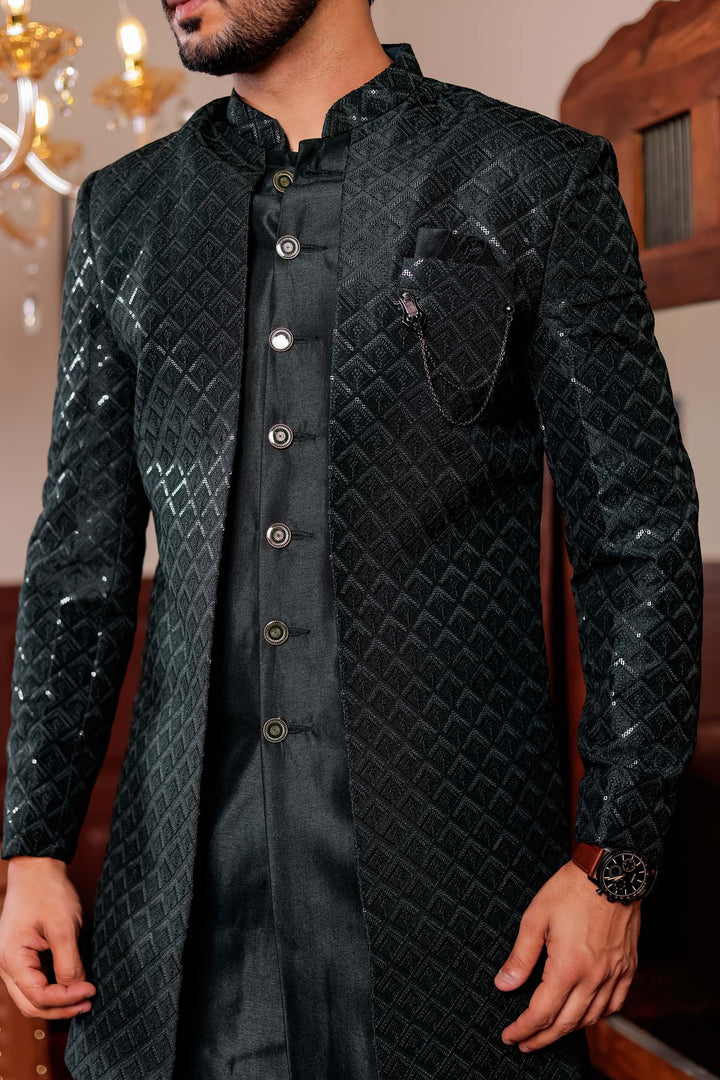 Bottle Green Silk Embroidered Jacket Style Indo-wester Suit.