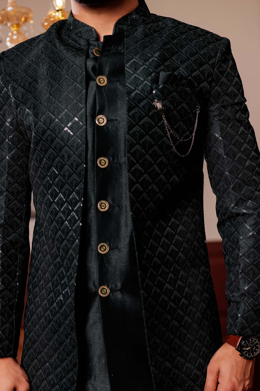 Bottle Green Silk Embroidered Jacket Style Indo-wester Suit.