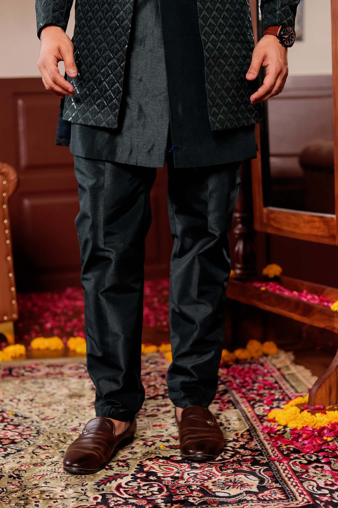 Bottle Green Silk Embroidered Jacket Style Indo-wester Suit.