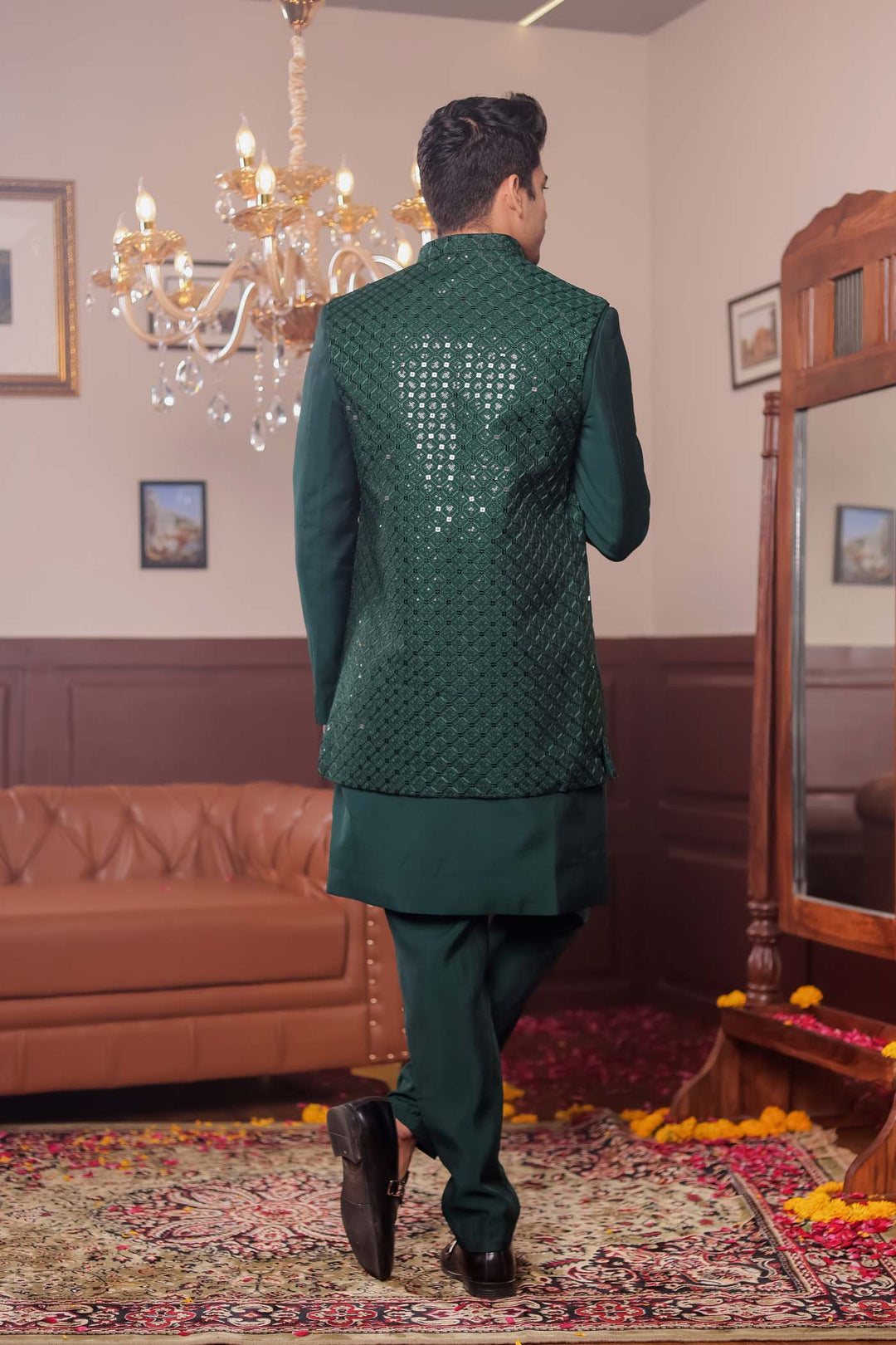 Bottle Green Open Jacket Style Suit with Sequin Work