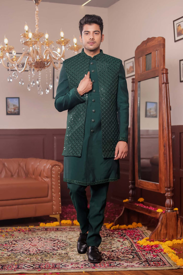 Bottle Green Open Jacket Style Suit with Sequin Work