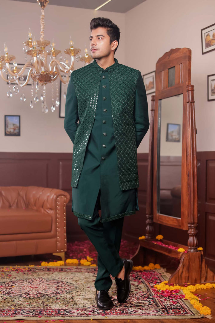 Bottle Green Open Jacket Style Suit with Sequin Work