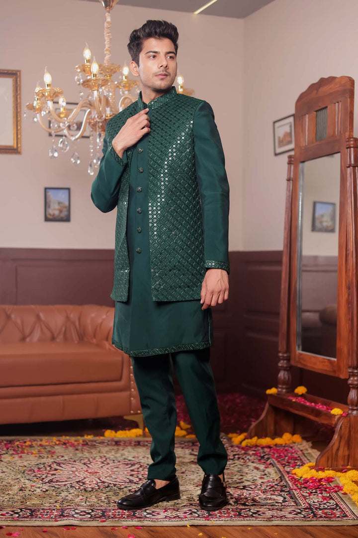 Bottle Green Open Jacket Style Suit with Sequin Work