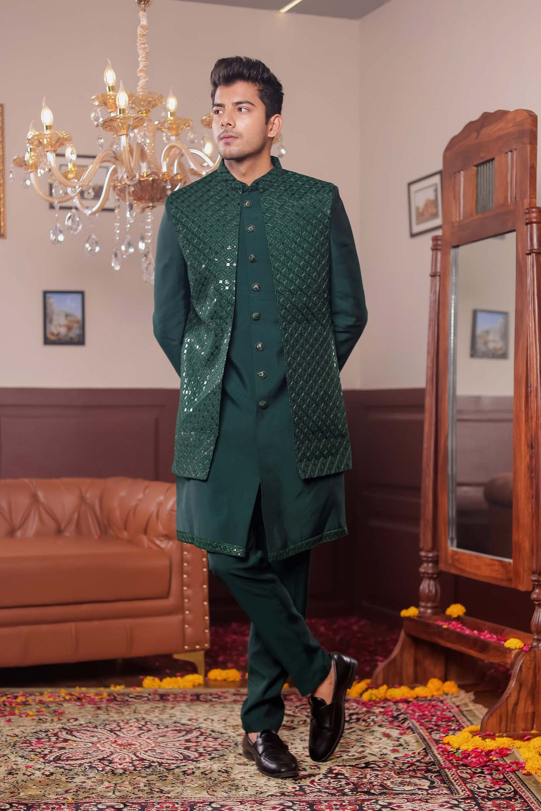 Bottle Green Open Jacket Style Suit with Sequin Work