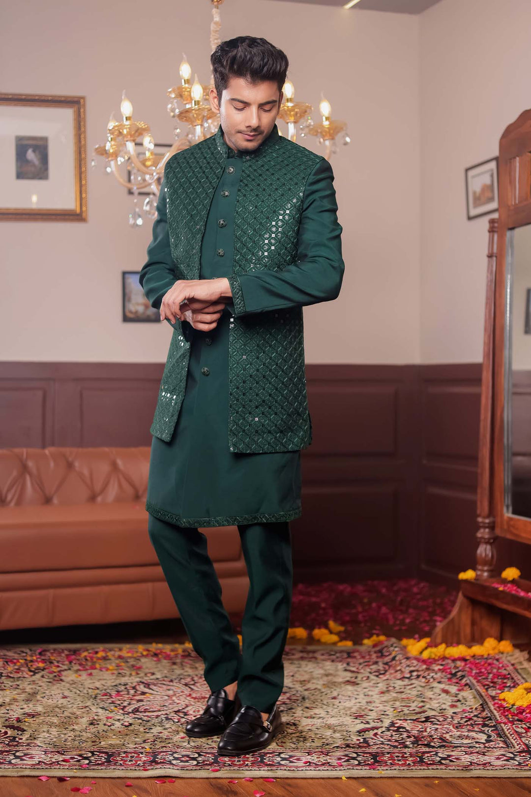 Bottle Green Open Jacket Style Suit with Sequin Work