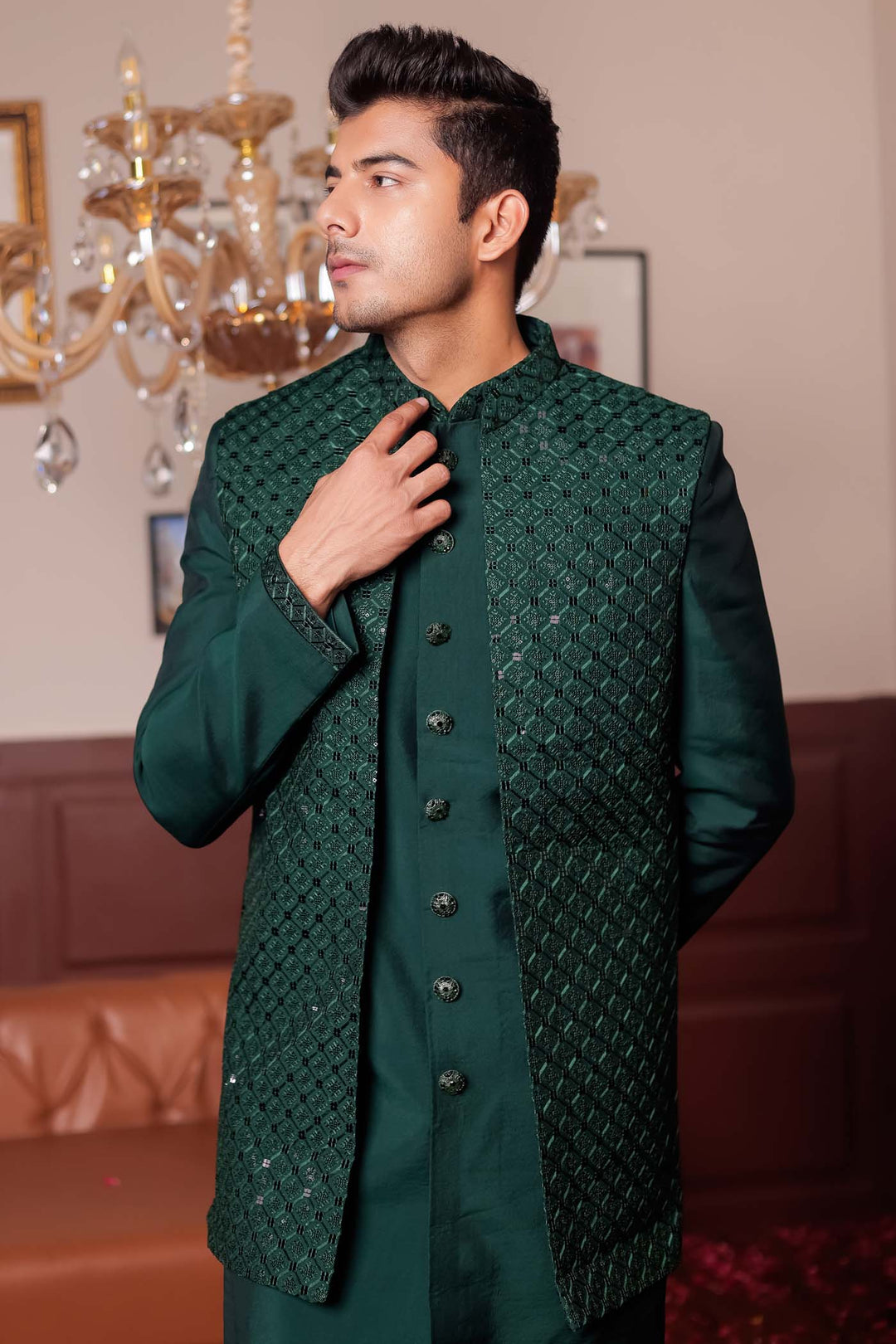 Bottle Green Open Jacket Style Suit with Sequin Work