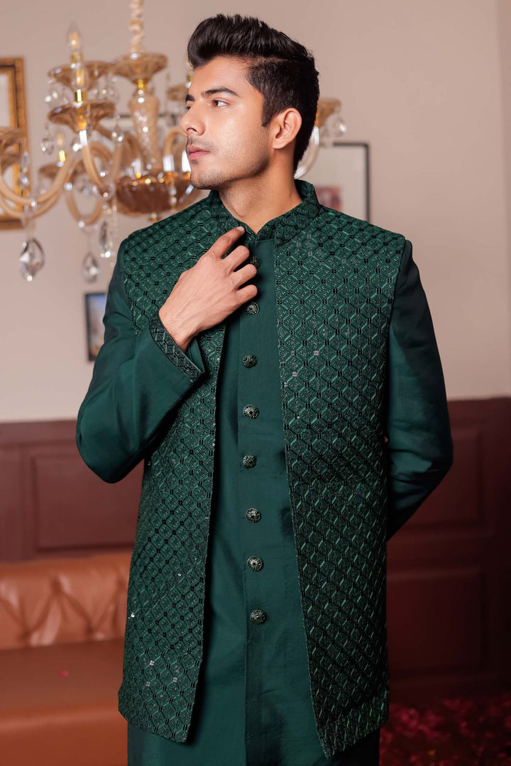 Bottle Green Open Jacket Style Suit with Sequin Work