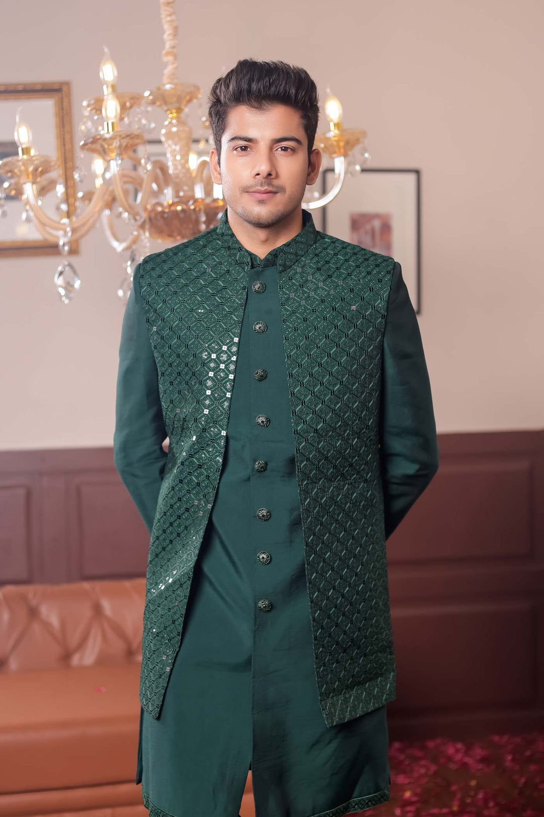 Bottle Green Open Jacket Style Suit with Sequin Work