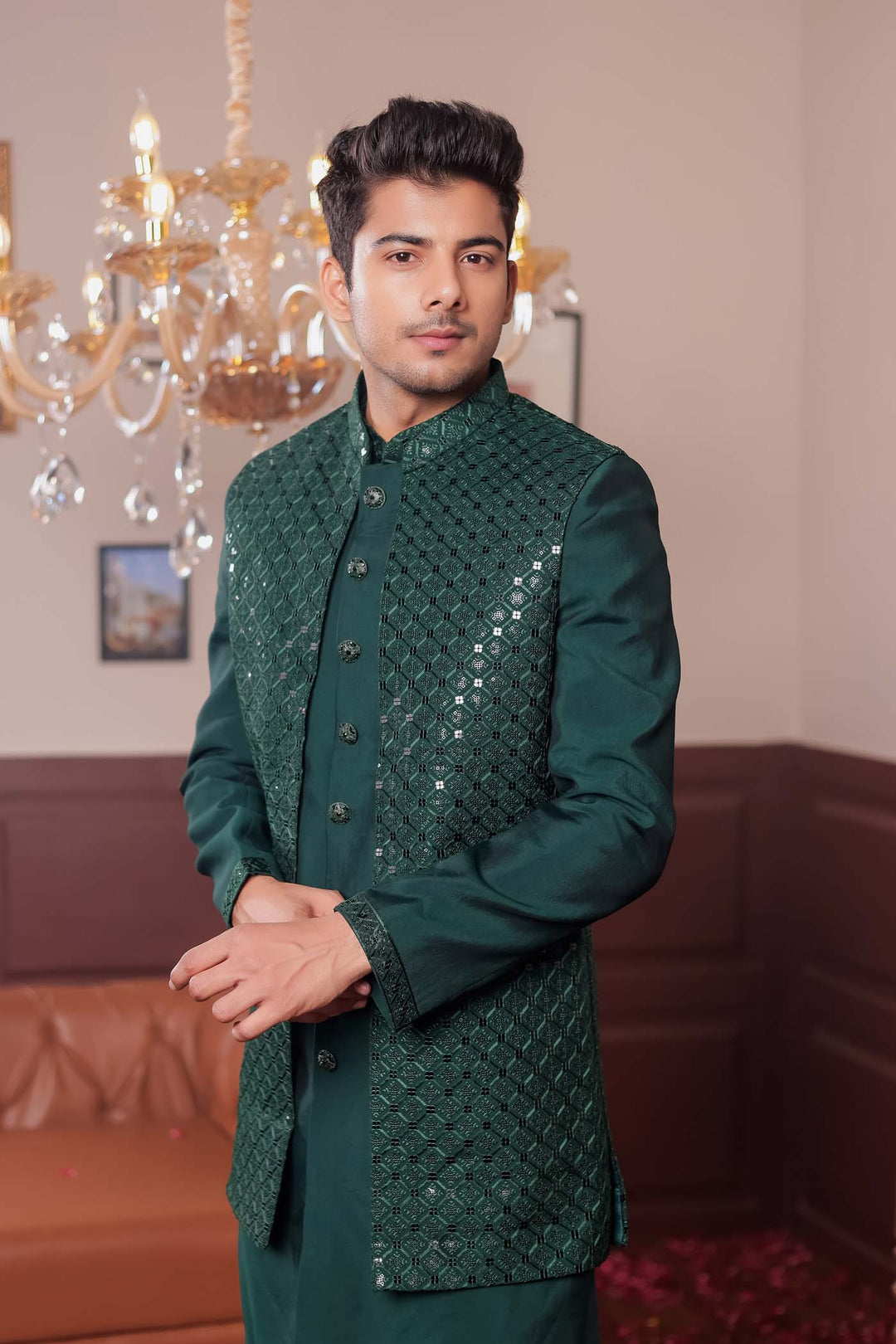 Bottle Green Open Jacket Style Suit with Sequin Work