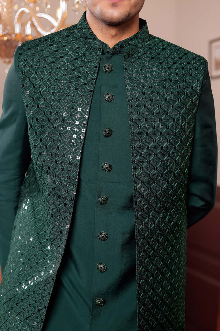 Bottle Green Open Jacket Style Suit with Sequin Work
