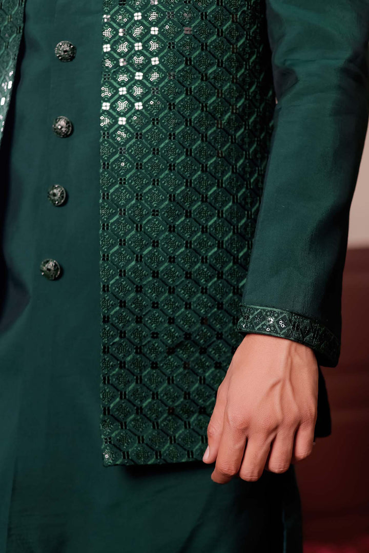 Bottle Green Open Jacket Style Suit with Sequin Work