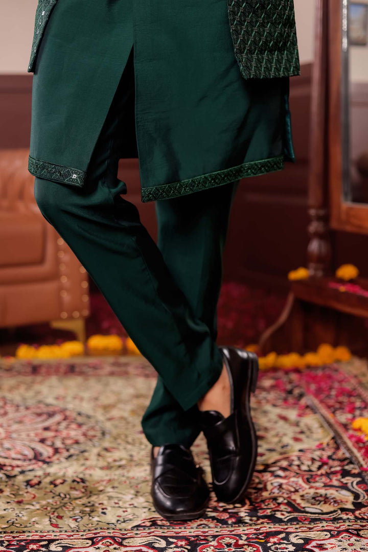 Bottle Green Open Jacket Style Suit with Sequin Work