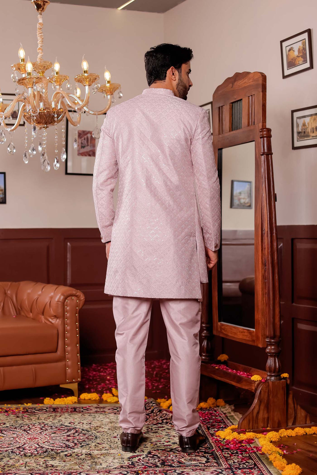 Mauve Raw Silk Embroidered Jacket Style Indo-wester Suit.