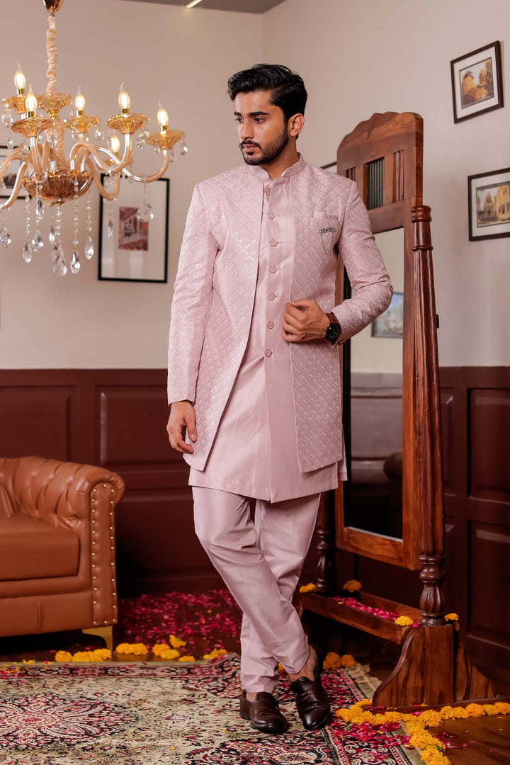 Mauve Raw Silk Embroidered Jacket Style Indo-wester Suit.