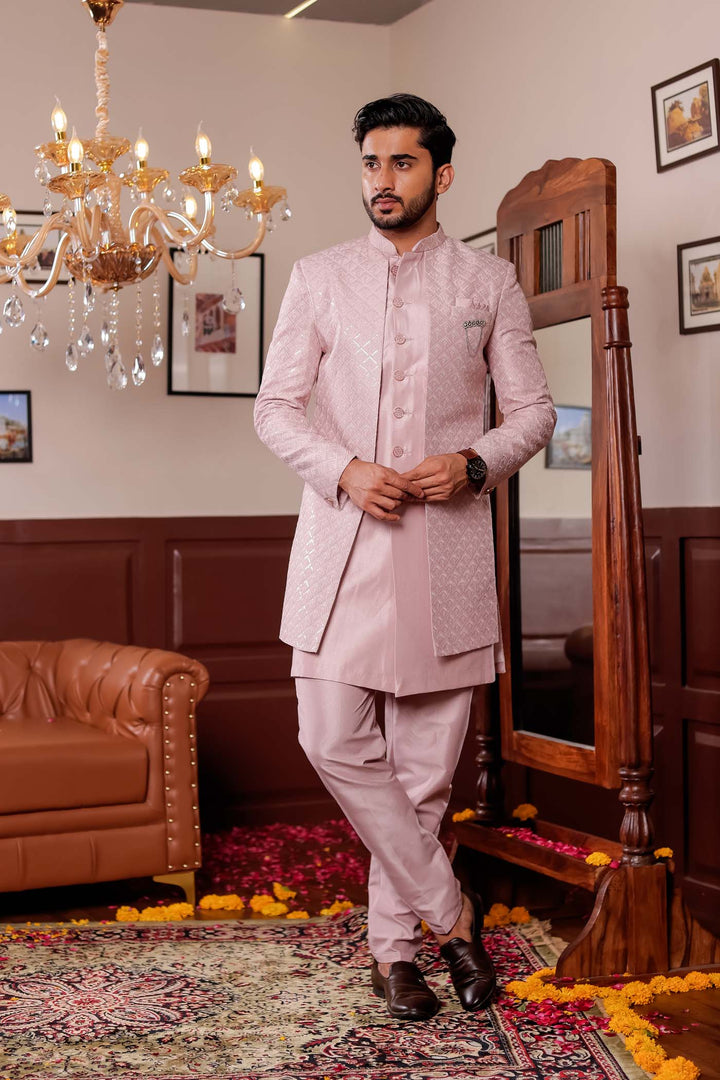Mauve Raw Silk Embroidered Jacket Style Indo-wester Suit.