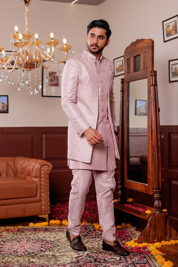 Mauve Raw Silk Embroidered Jacket Style Indo-wester Suit.