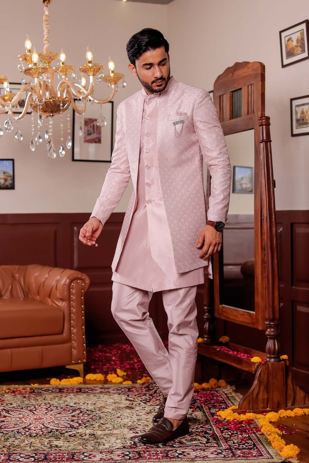 Mauve Raw Silk Embroidered Jacket Style Indo-wester Suit.