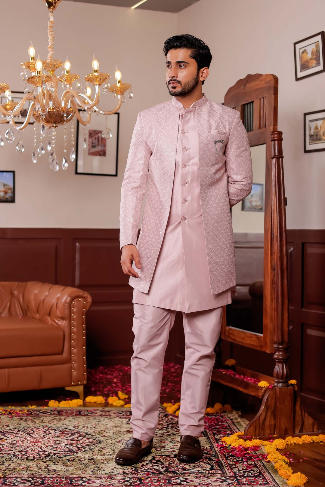 Mauve Raw Silk Embroidered Jacket Style Indo-wester Suit.
