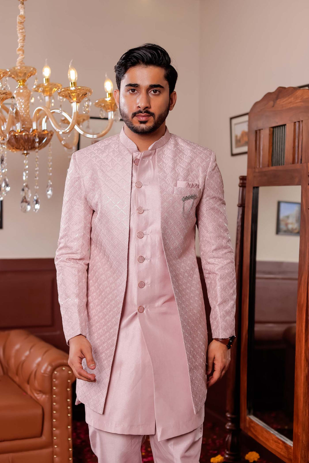 Mauve Raw Silk Embroidered Jacket Style Indo-wester Suit.