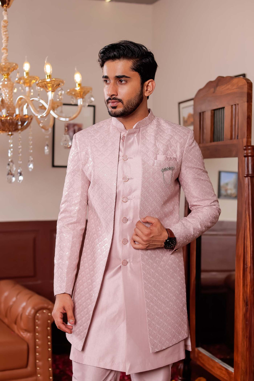 Mauve Raw Silk Embroidered Jacket Style Indo-wester Suit.