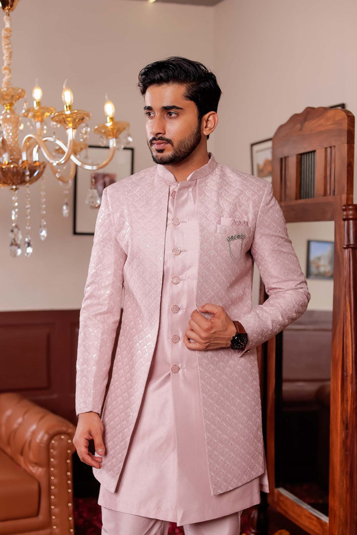 Mauve Raw Silk Embroidered Jacket Style Indo-wester Suit.