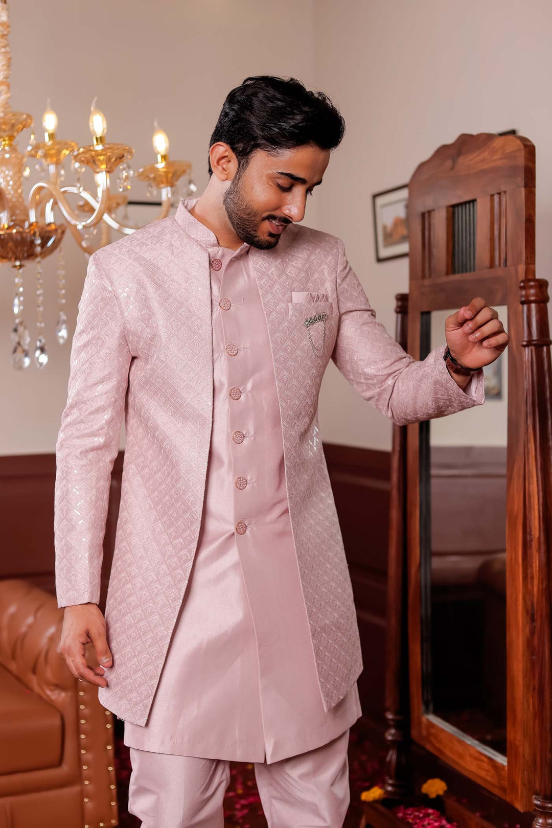 Mauve Raw Silk Embroidered Jacket Style Indo-wester Suit.