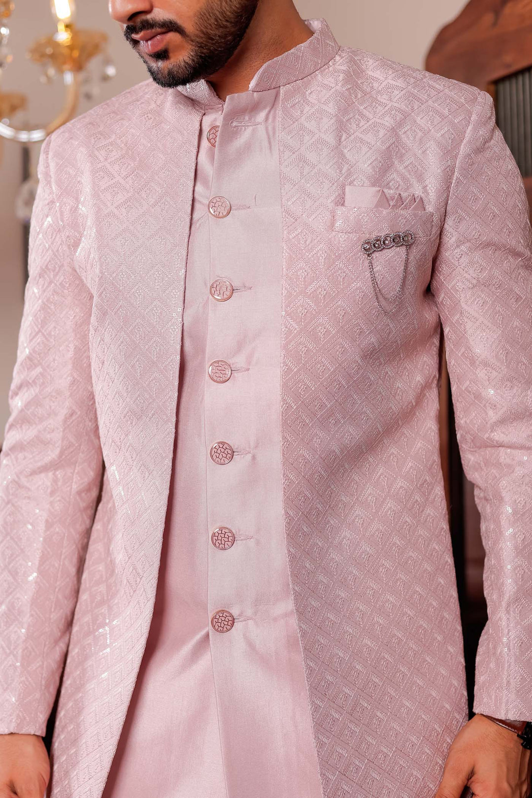 Mauve Raw Silk Embroidered Jacket Style Indo-wester Suit.