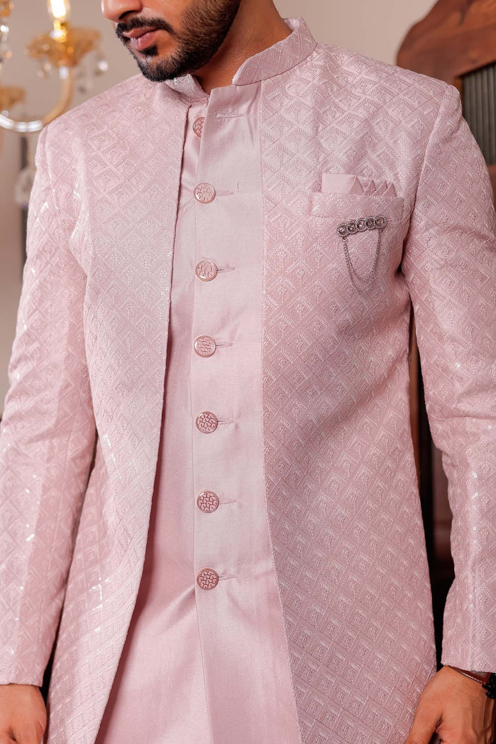 Mauve Raw Silk Embroidered Jacket Style Indo-wester Suit.