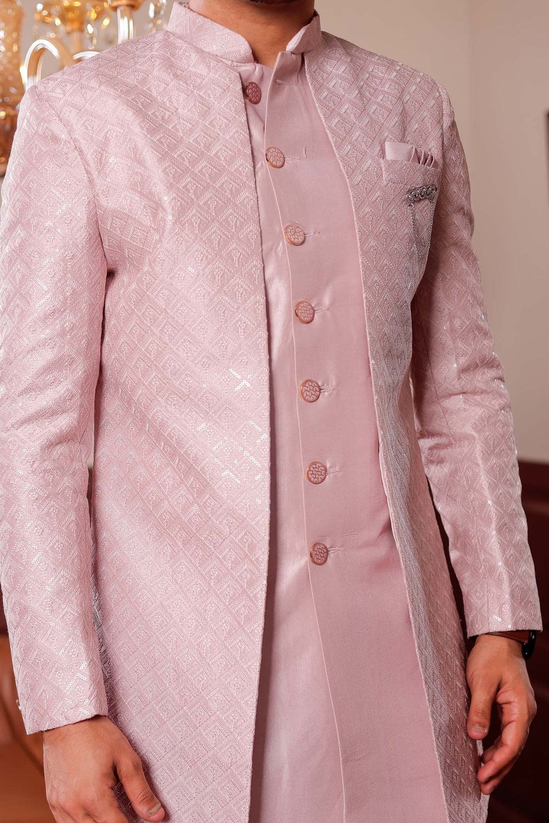 Mauve Raw Silk Embroidered Jacket Style Indo-wester Suit.