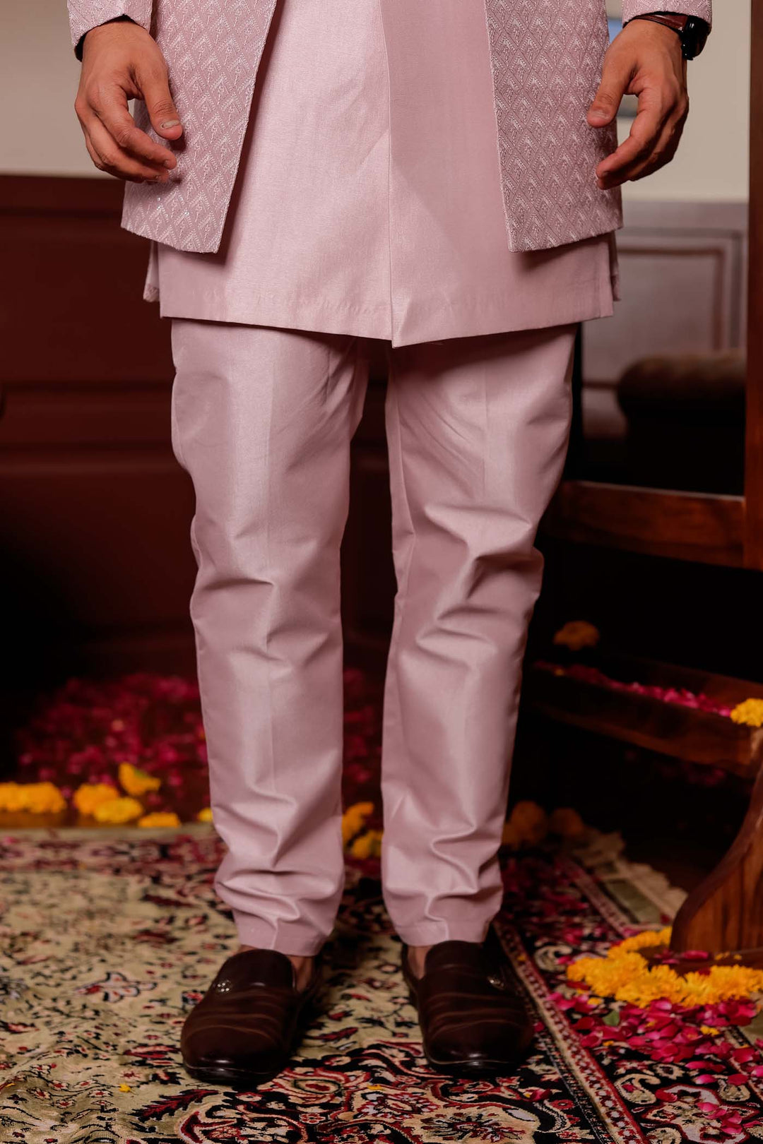 Mauve Raw Silk Embroidered Jacket Style Indo-wester Suit.