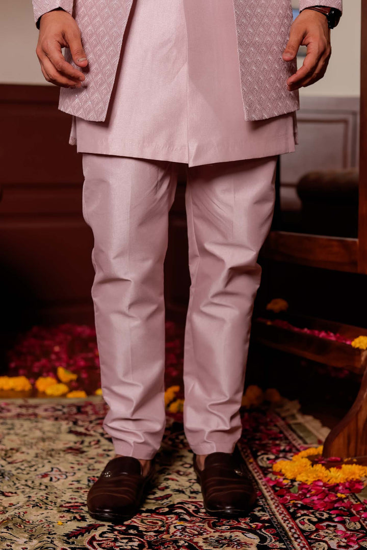 Mauve Raw Silk Embroidered Jacket Style Indo-wester Suit.