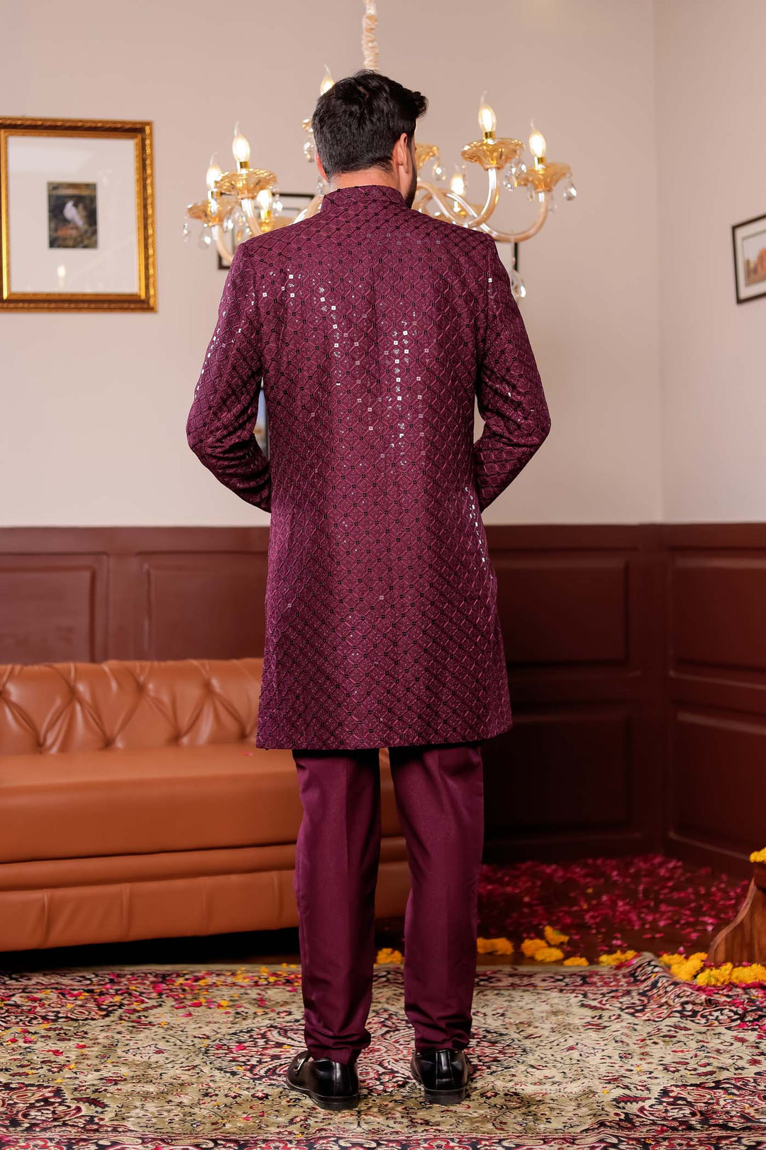 Wine Open Jacket Style Indo-western Suit.