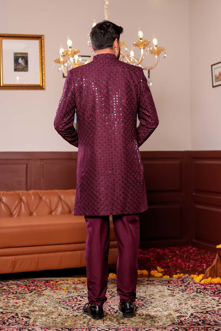 Wine Open Jacket Style Indo-western Suit.