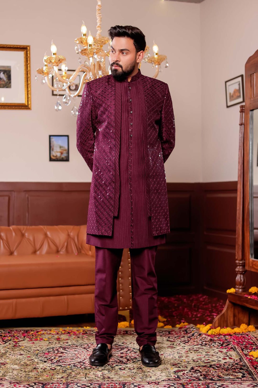 Wine Open Jacket Style Indo-western Suit.