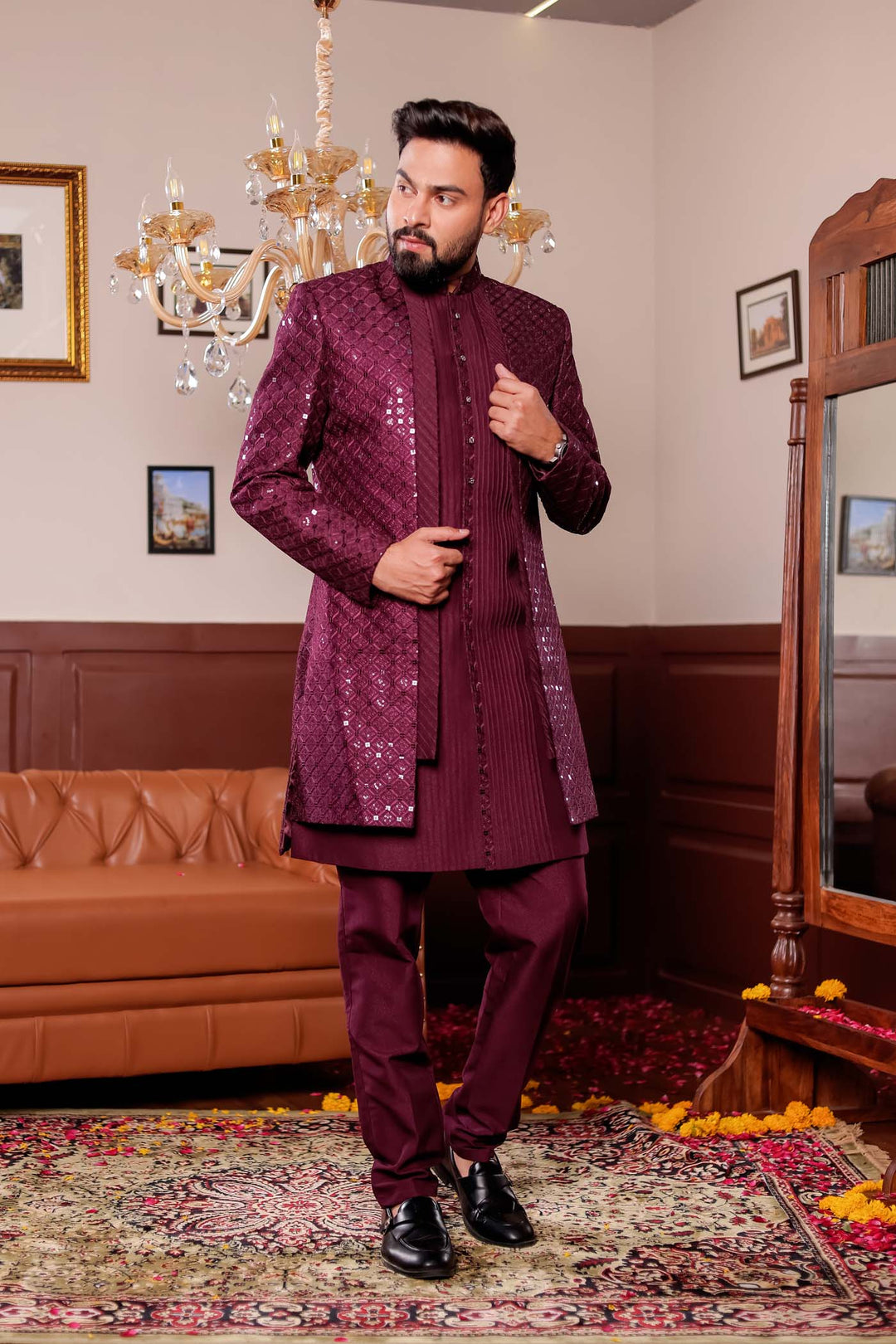 Wine Open Jacket Style Indo-western Suit.