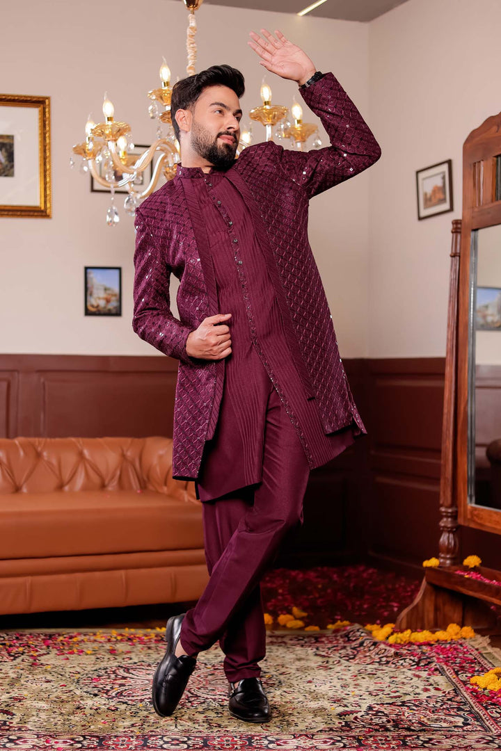 Wine Open Jacket Style Indo-western Suit.