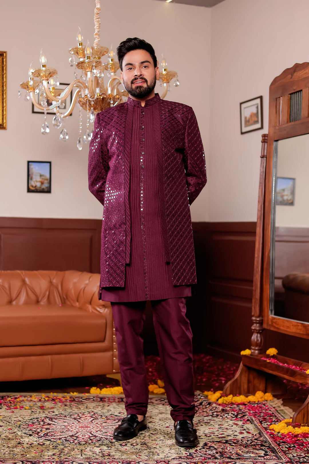 Wine Open Jacket Style Indo-western Suit.