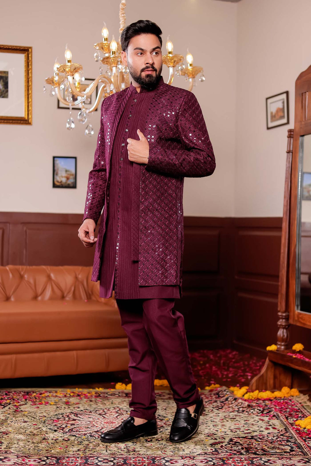 Wine Open Jacket Style Indo-western Suit.