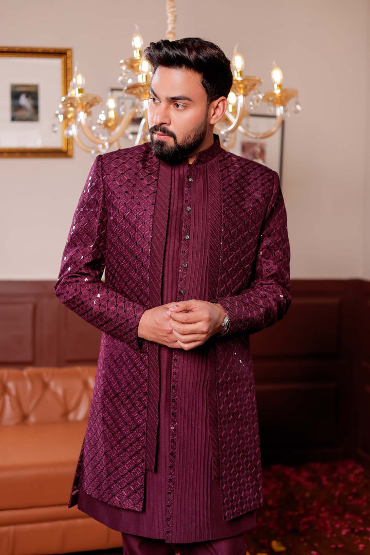 Wine Open Jacket Style Indo-western Suit.