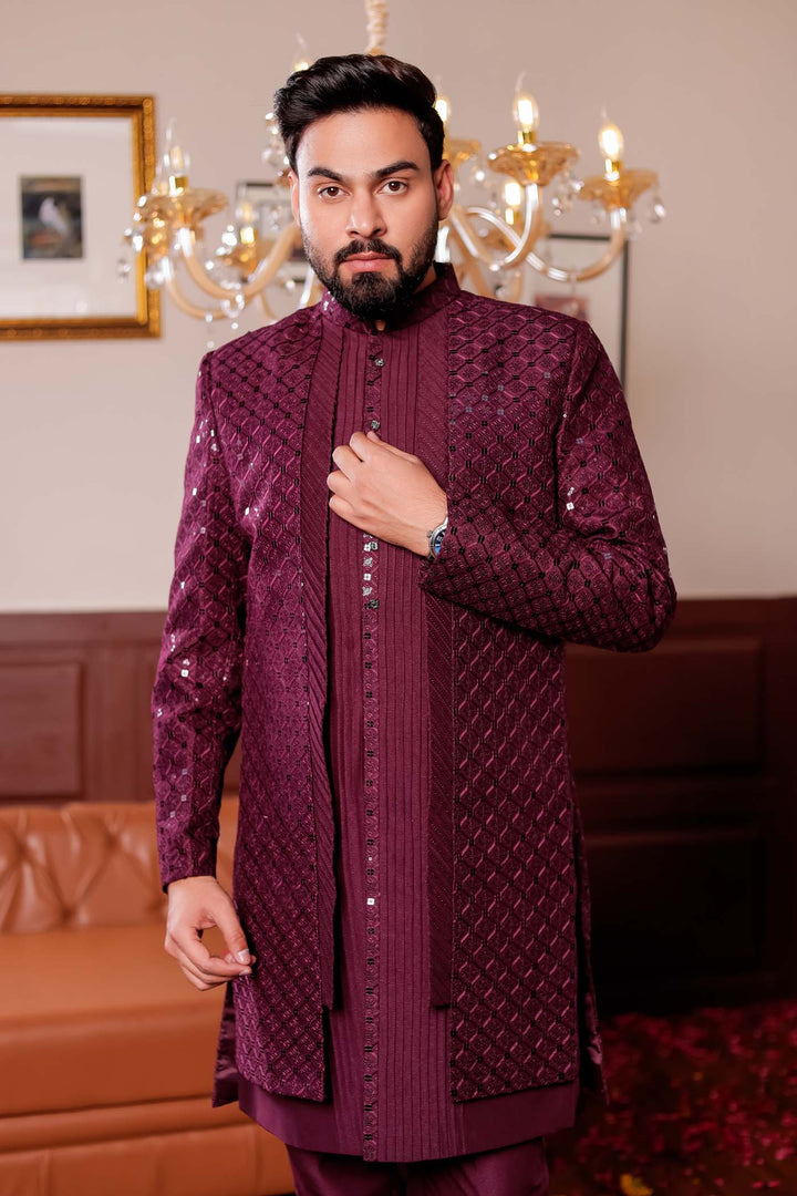 Wine Open Jacket Style Indo-western Suit.