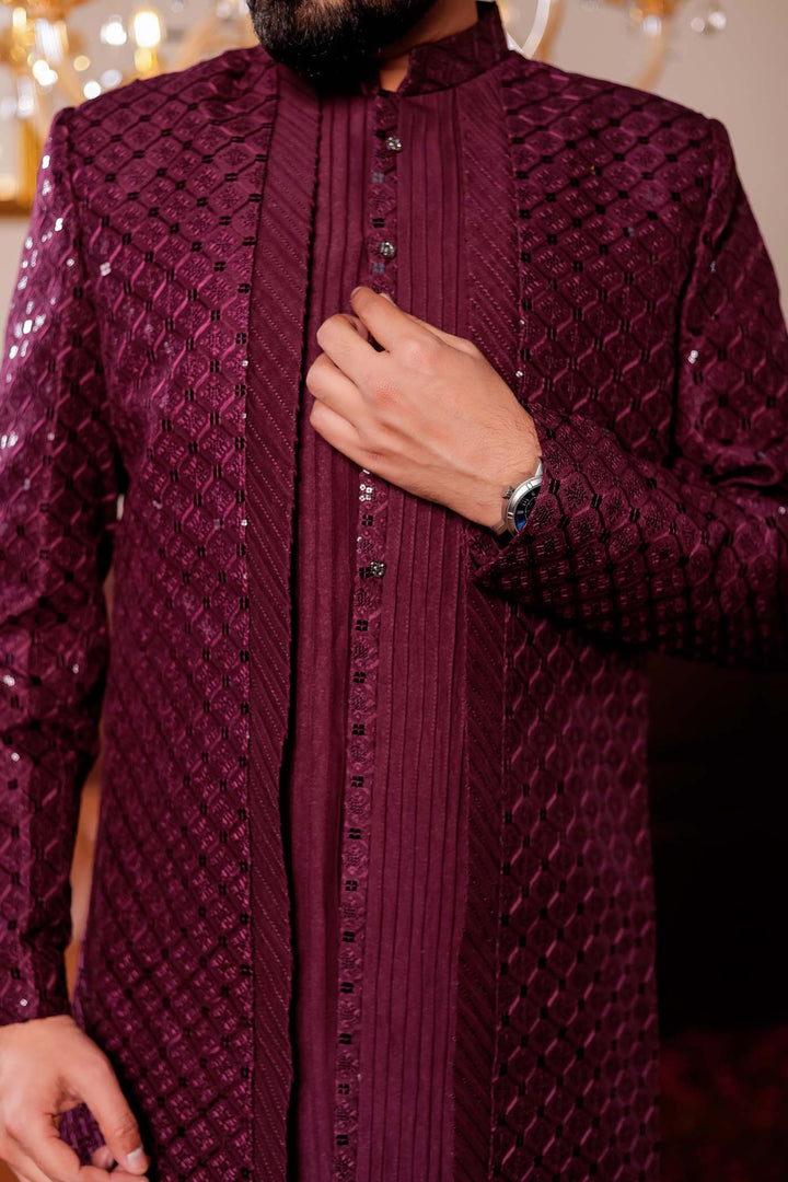 Wine Open Jacket Style Indo-western Suit.