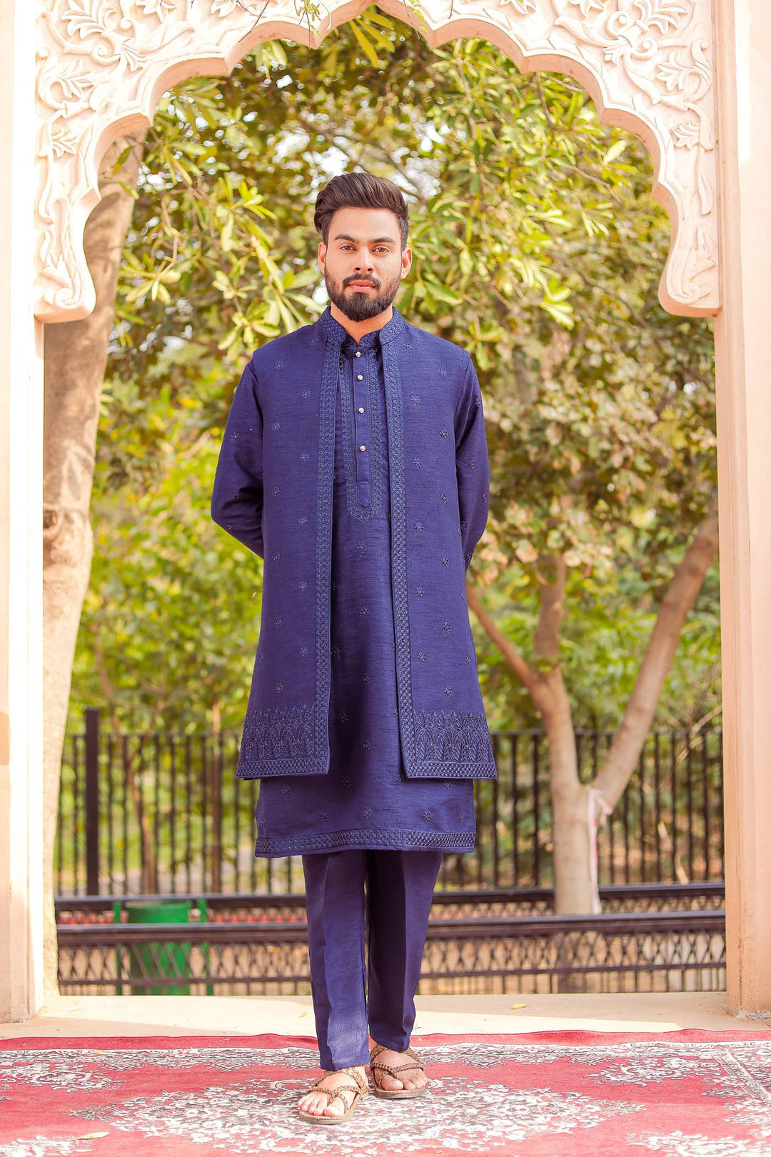 Navy Blue Front Open Jacket With Kurta Suit.