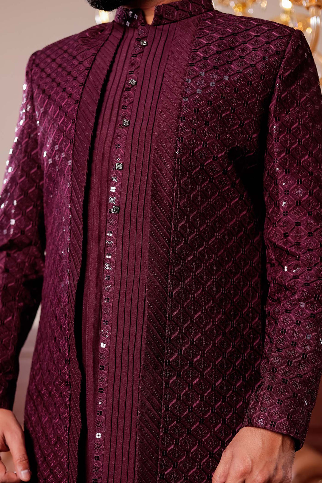 Wine Open Jacket Style Indo-western Suit.