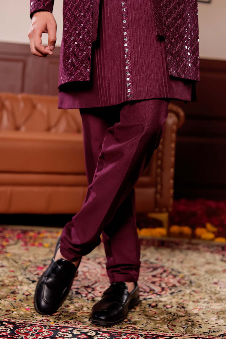 Wine Open Jacket Style Indo-western Suit.